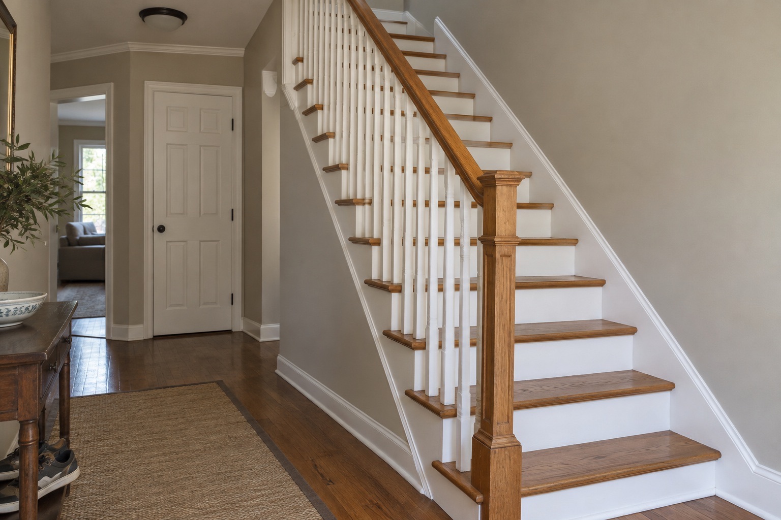 Entry hall with greige walls and a staircase with white painted risers and balusters