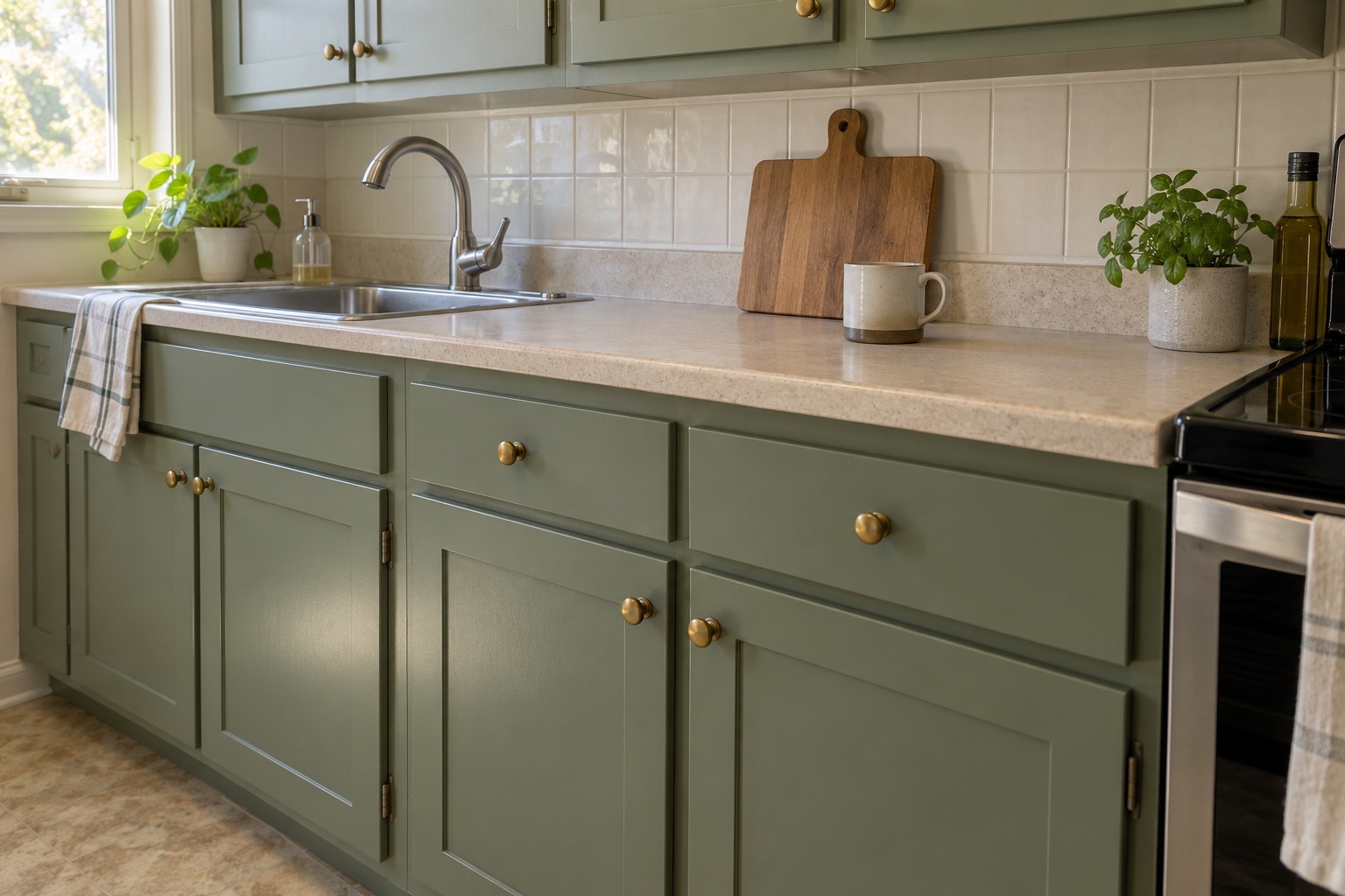 Shaker kitchen cabinets painted sage green with brass knobs