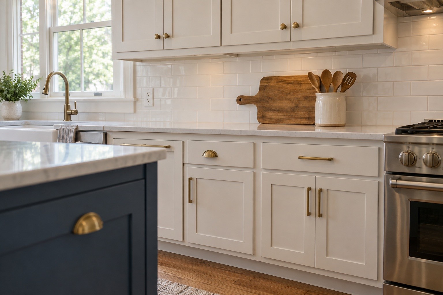White shaker kitchen cabinets with brass hardware and a navy island