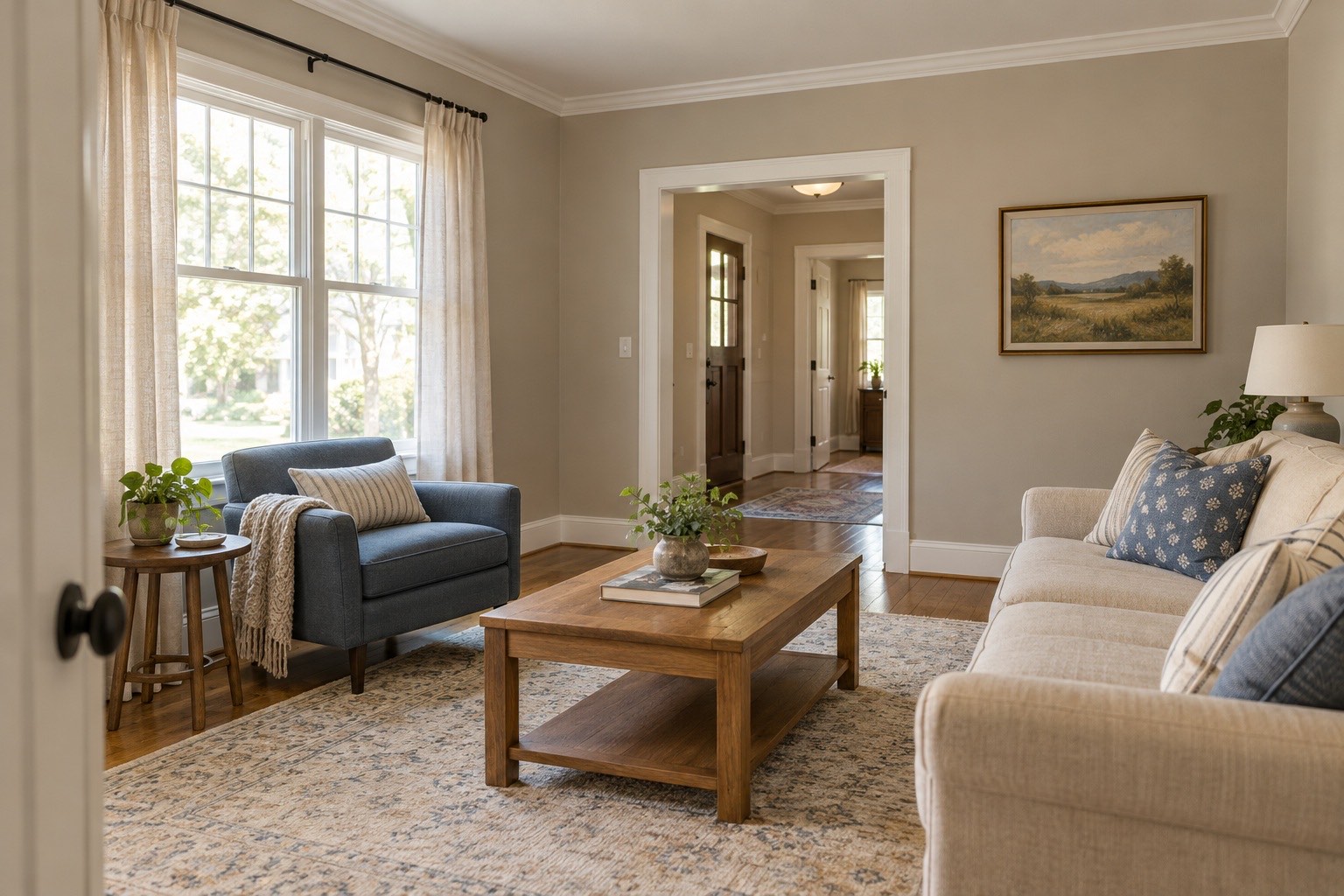 Living room with soft greige walls, white trim and crown molding
